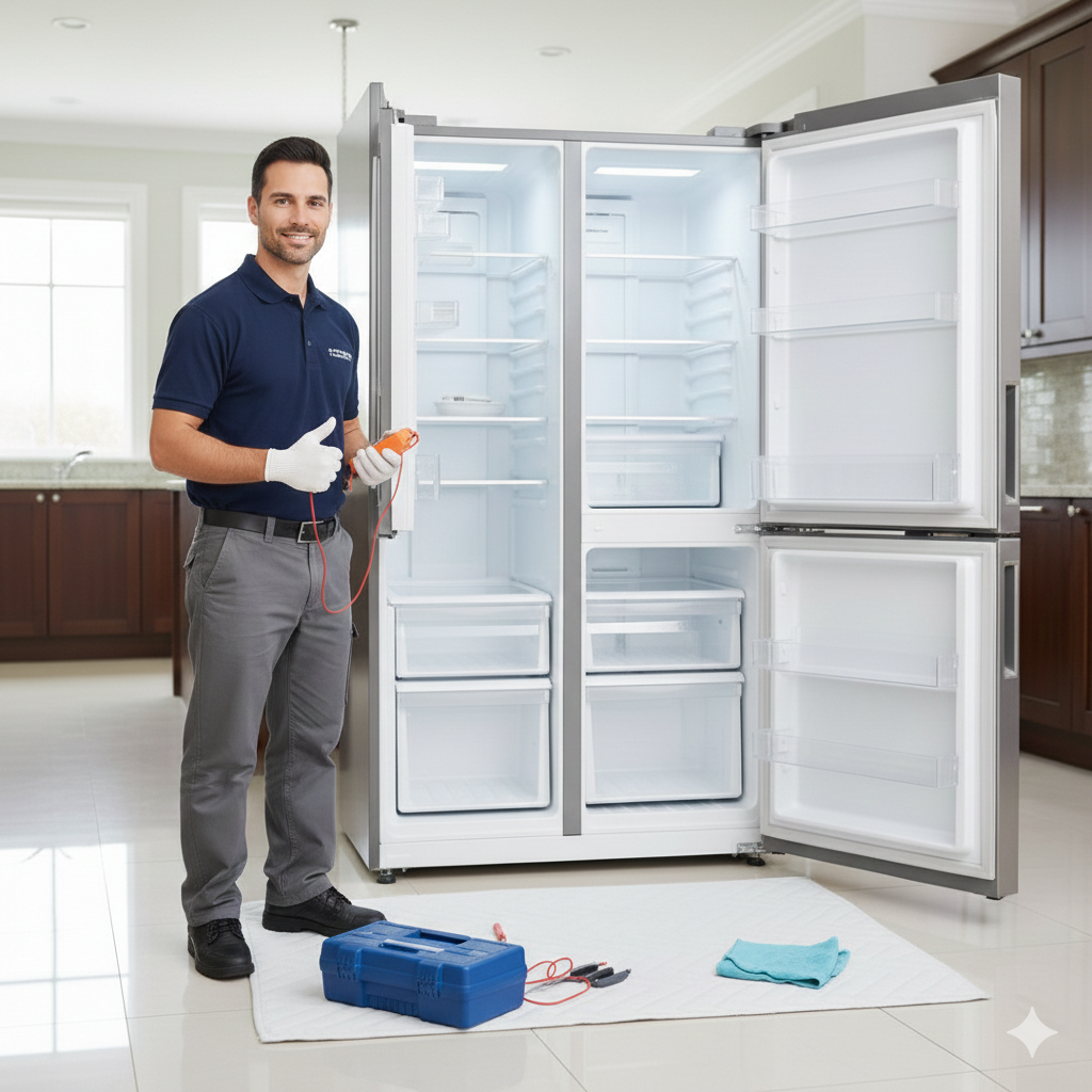 Técnico junto a una nevera moderna listo para reparación