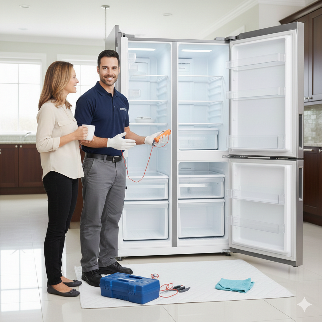 Técnico conversando con cliente en cocina junto a una nevera